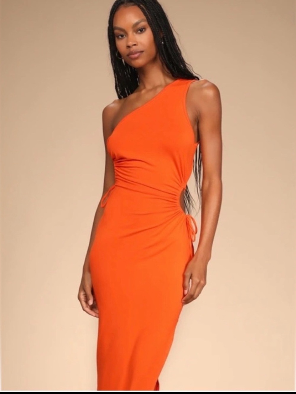 Lulu's One-Shoulder Orange Side Cut-Out Midi Dress - Picture 3 of 4